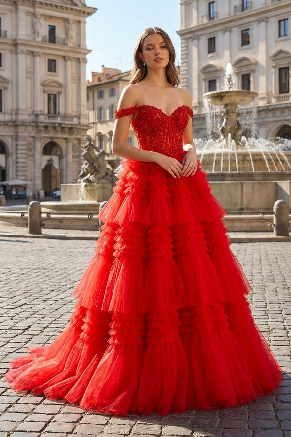 KissProm-Red Tulle Off-the-Shoulder Ruffle Tiered Long Prom Dress