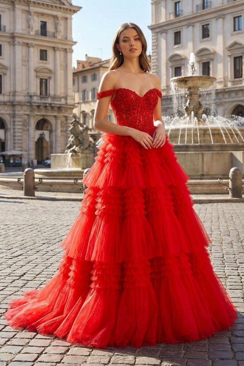 long ruffled prom dress KissProm Red Tulle Off-the-Shoulder Ruffle Tiered Dress, Red / 14 / Tulle Marine dress uniform hi-res Corset Bodice With Floral Color:White Pearl Satin / Silver Sage Satin Homecoming Neck Blake Dresses Inspired By Tv Stars