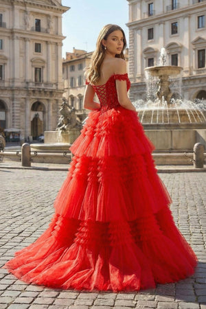 KissProm-Red Tulle Off-the-Shoulder Ruffle Tiered Long Prom Dress