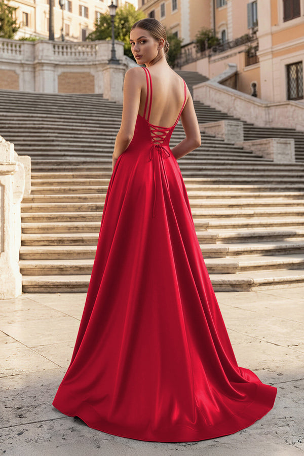 KissProm- Red V Neck A Line Satin Long Prom Dresses With Slit