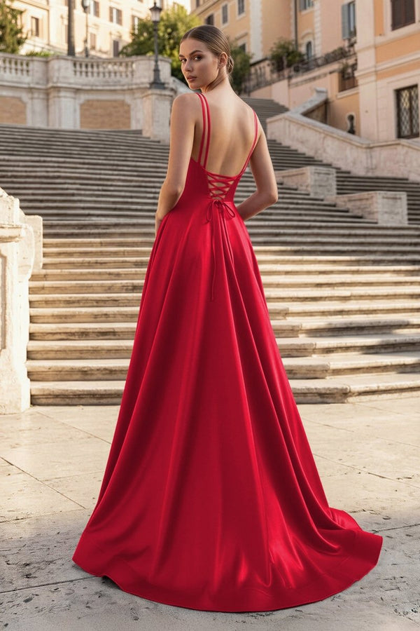 Burgundy Spaghetti Straps A Line Satin Long Prom Dresses With Slit - KissProm
