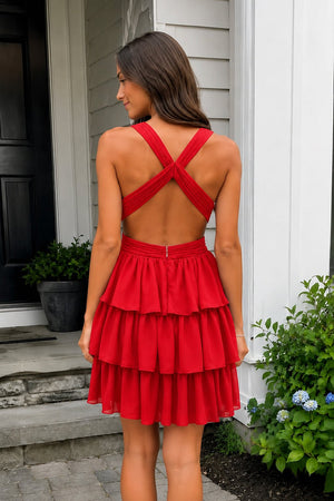 Red V Neck A Line Tiered Chiffon Homecoming Dresses With Cut Out | KISSPROM