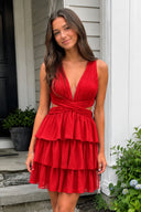 Red V Neck A Line Tiered Chiffon Homecoming Dresses With Cut Out | KISSPROM