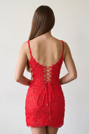 Red V-Neck Lace Short Homecoming Dress With Appliques - KISSPROM