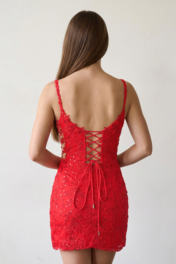 Red V-Neck Lace Short Homecoming Dress With Appliques - KISSPROM