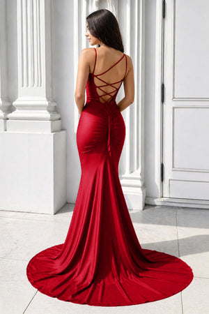 Purple Spaghetti Straps Lace-Up Mermaid Long Formal Dress-KissProm