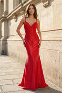 Red V Neck Mermaid Satin Beaded Long Prom Dresses With Appliques - KissProm