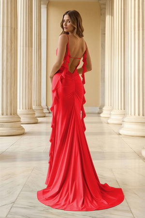 KissProm-Red Spaghetti Straps Mermaid Satin Ruffled Long Prom Dresses With Slit