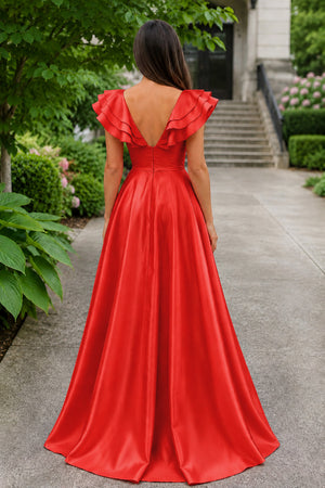 Hot Pink V-Neck Ruffle A-Line Long Prom Dress - Kissprom