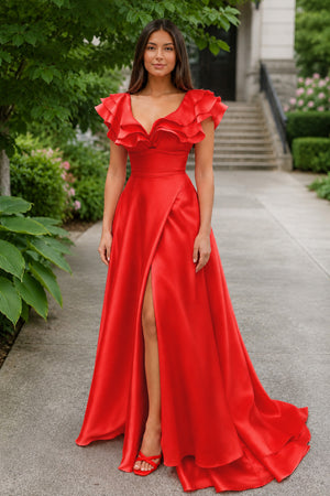 Hot Pink V-Neck Ruffle A-Line Long Prom Dress - Kissprom