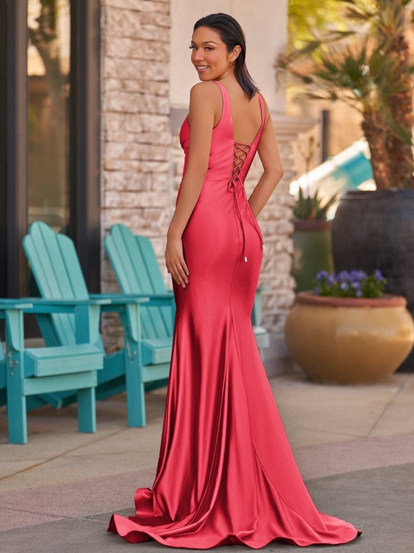 Red V Neck Satin Mermaid Long Formal Dress (2) | KISSPROM