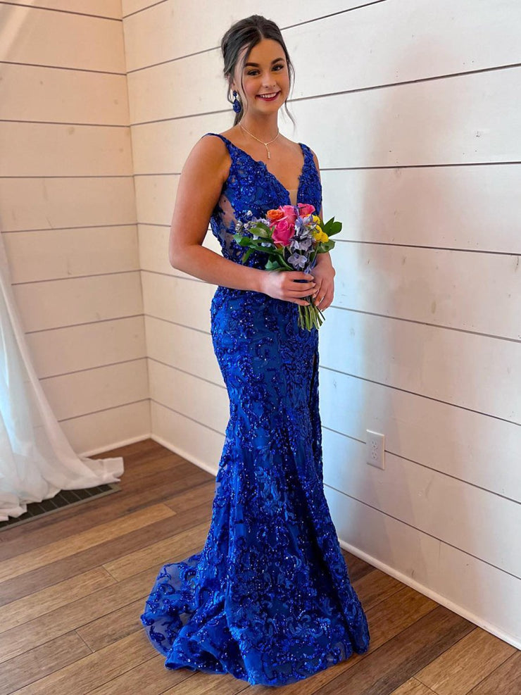 Mermaid Backless V Neck Sequins Prom Dress LBQ3514