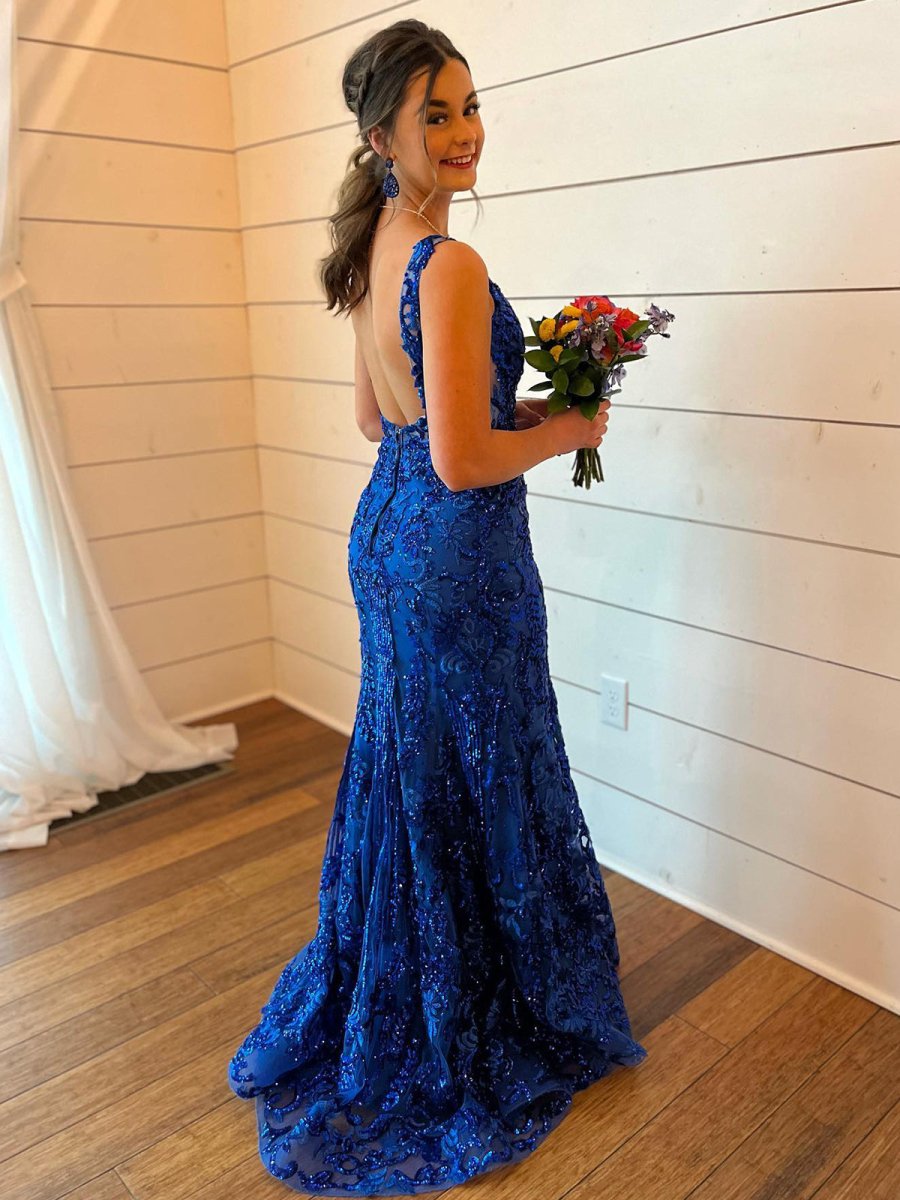 Avianna Red Mermaid V Neck Backless Sequined Lace Prom Dress with Slit Red / 12 Avianna Red Mermaid V Neck Backless Sequined Lace Prom Dress with Slit Red / 12