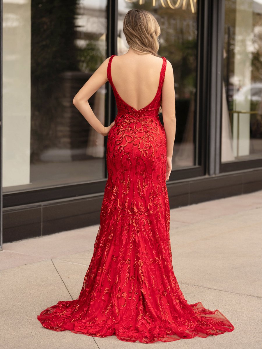 Avianna Red Mermaid V Neck Backless Sequined Lace Prom Dress with Slit Red / 12 Avianna Red Mermaid V Neck Backless Sequined Lace Prom Dress with Slit Red / 12