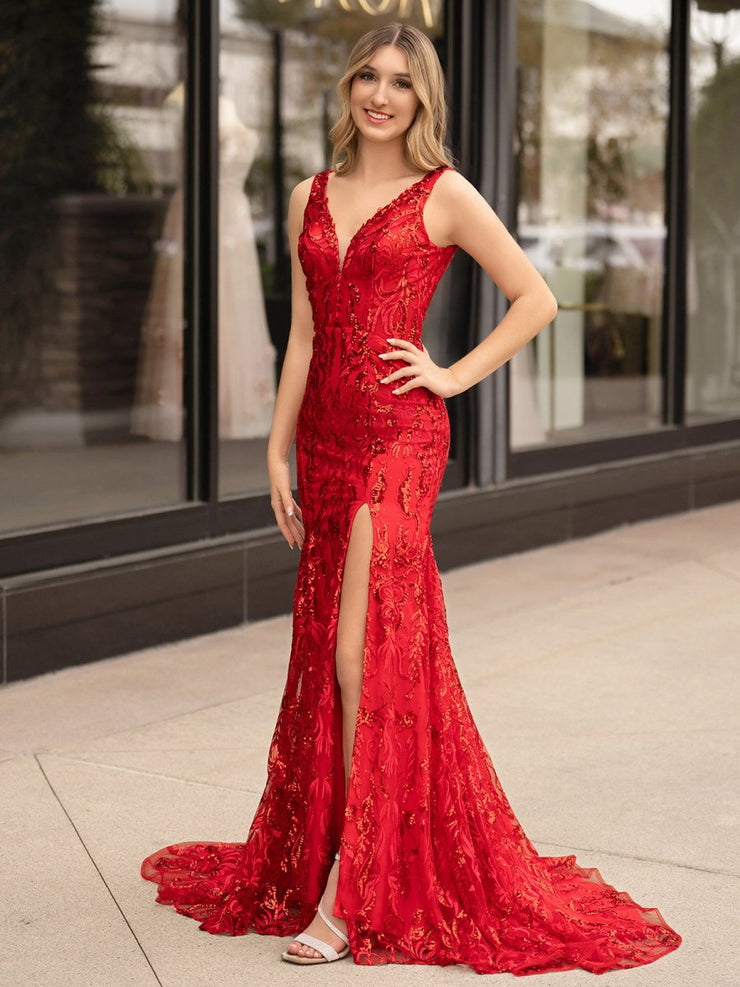 Chic Mermaid V-neck Backless Long Prom Dress with Slit main image 1