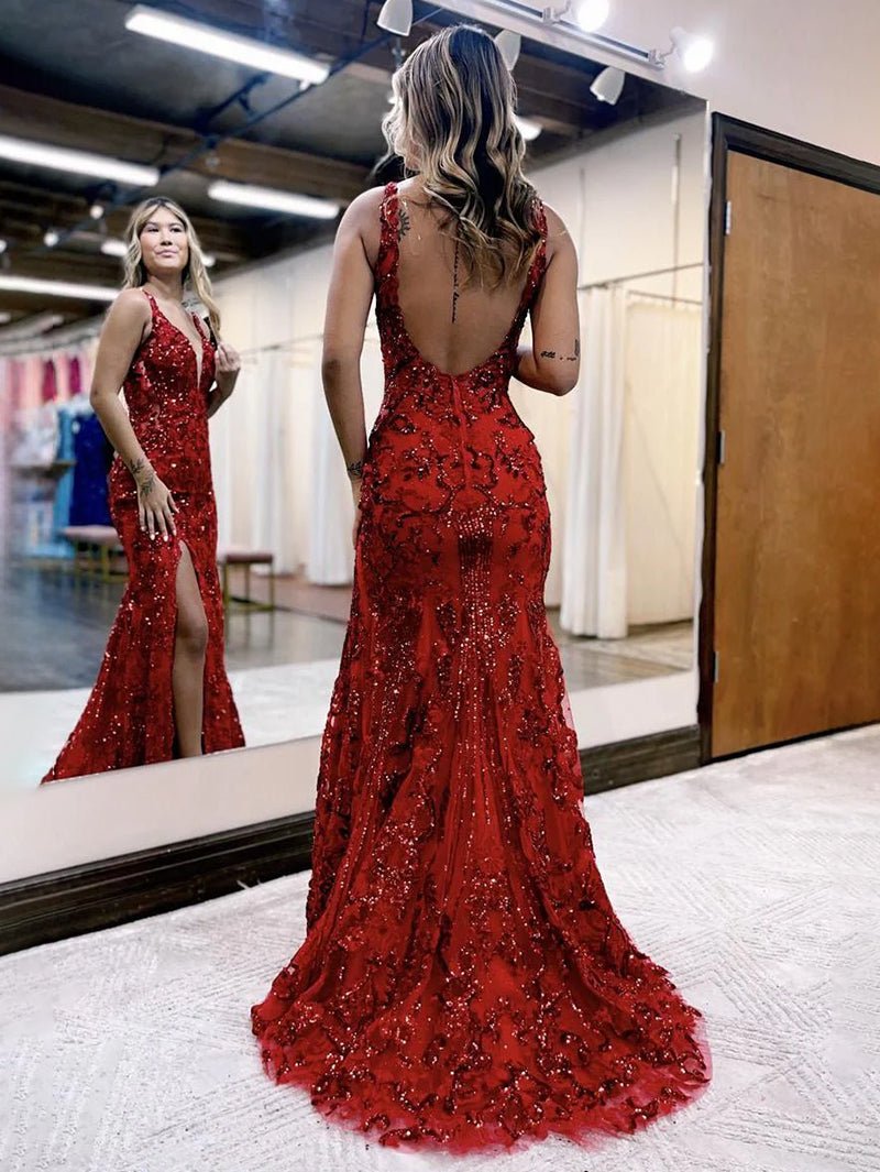 Avianna Red Mermaid V Neck Backless Sequined Lace Prom Dress with Slit Red / 12 Avianna Red Mermaid V Neck Backless Sequined Lace Prom Dress with Slit Red / 12