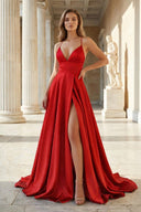 Pink Spaghetti Straps Satin Backless A Line Prom Dress With Pockets - KissProm