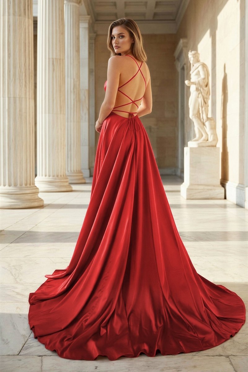 Pink Spaghetti Straps Satin Backless A Line Prom Dress With Pockets