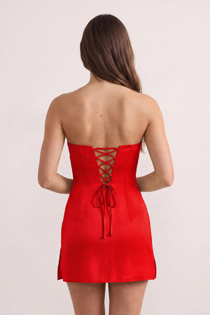 Red Strapless Sheath Satin Ruched Homecoming Dress with Lace-Up Back (3) | KISSPROM