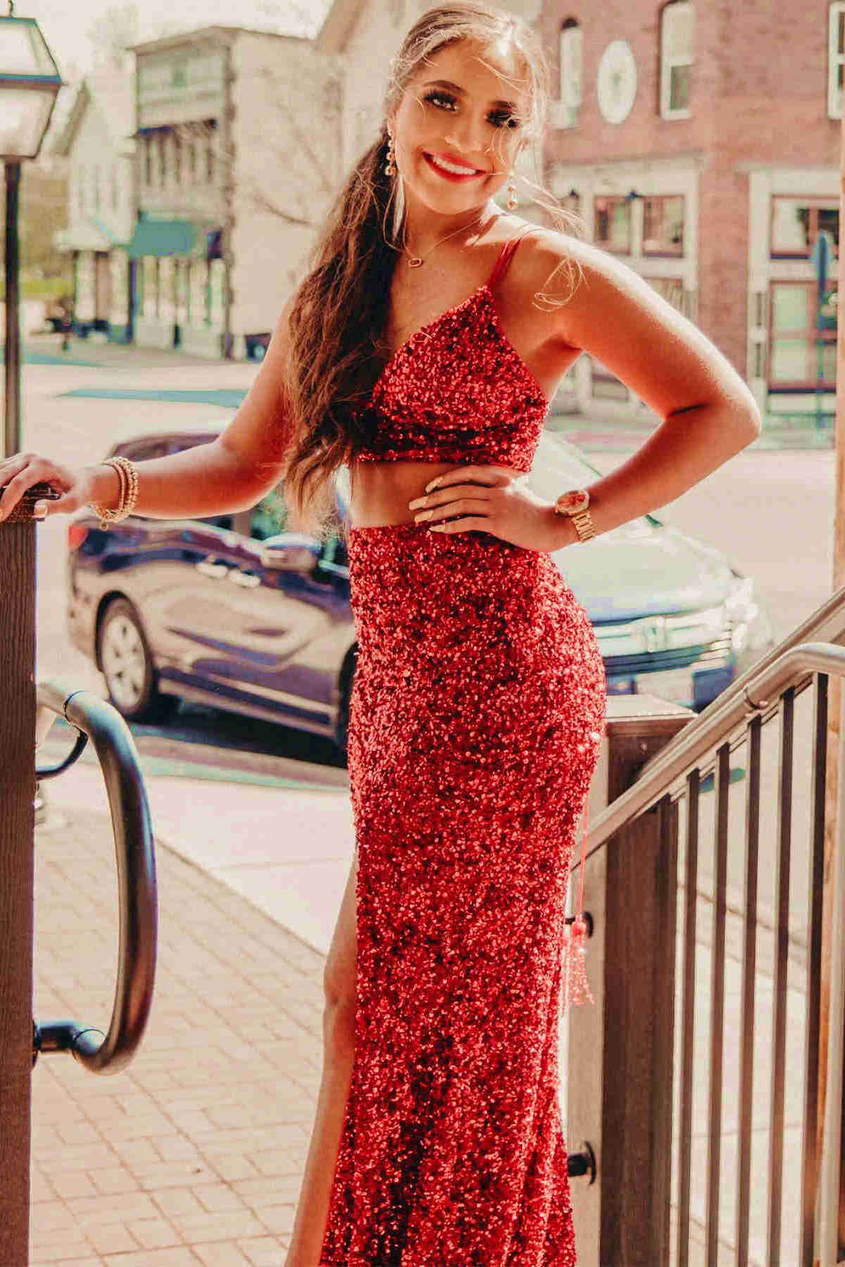 red 2 piece prom dress Briana Orange Two Piece Mermaid Sequins Prom Dress with Slit Red / 14