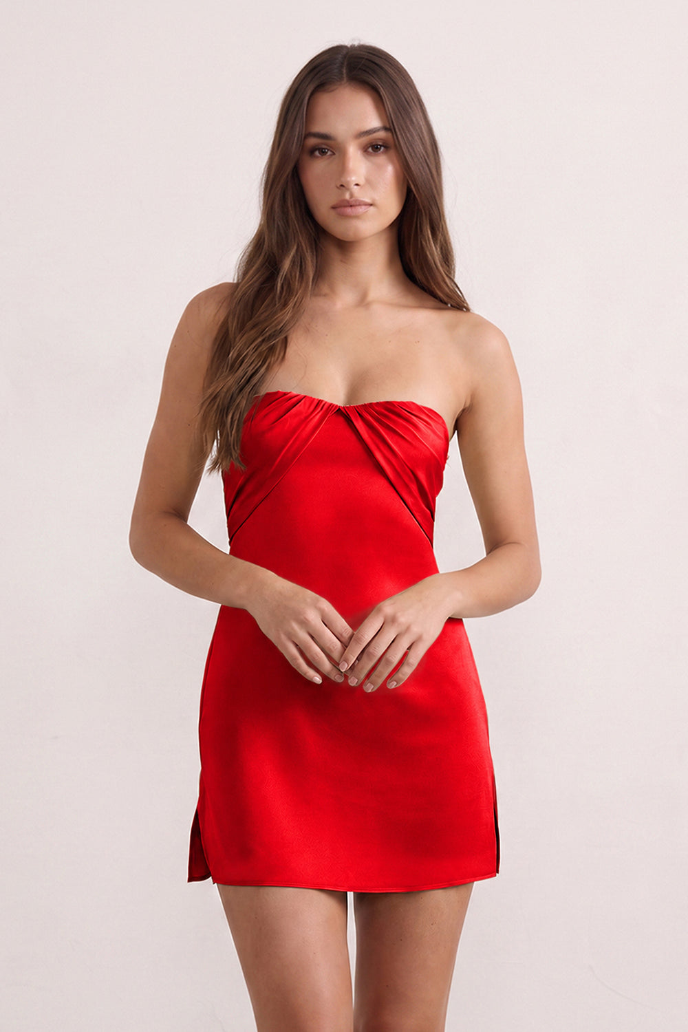 Red Strapless Sheath Satin Ruched Homecoming Dress with Lace-Up Back (3) | KISSPROM