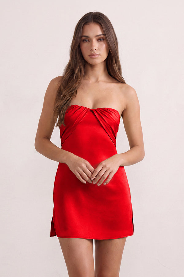 Red Strapless Sheath Satin Ruched Homecoming Dress with Lace-Up Back (3) | KISSPROM