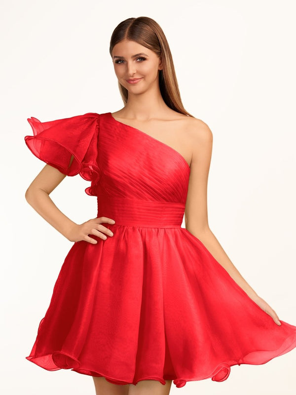 Rose | Ivory A - line One Shoulder Organza Ruffled Homecoming Dress - KissProm