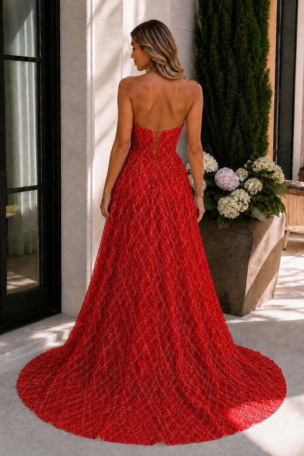 Celia | A-line Strapless Red Long Prom Dresses Unique Evening Dress