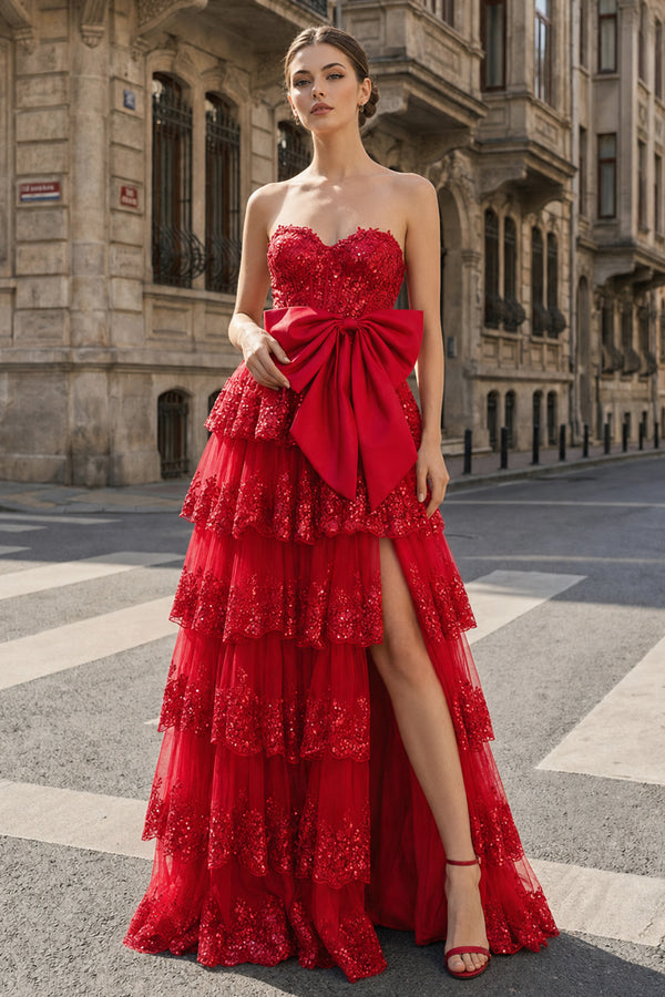 A-Line Sweetheart Sequin Ruffles Long Prom Dresses with Bow - KissProm
