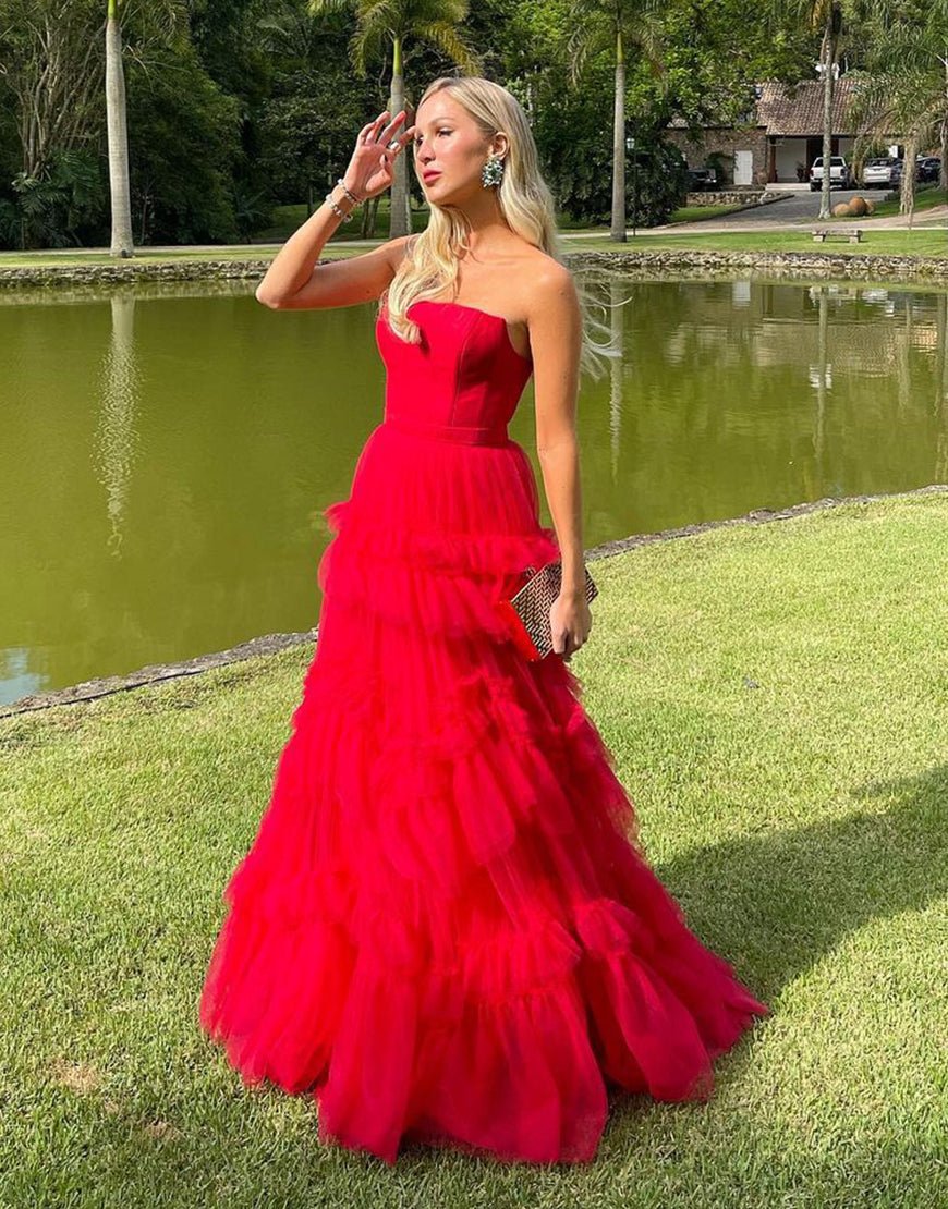 Matilda Red A-Line Strapless Ruffled Tulle Prom Dress Red / 10 Matilda Red A-Line Strapless Ruffled Tulle Prom Dress Red / 10