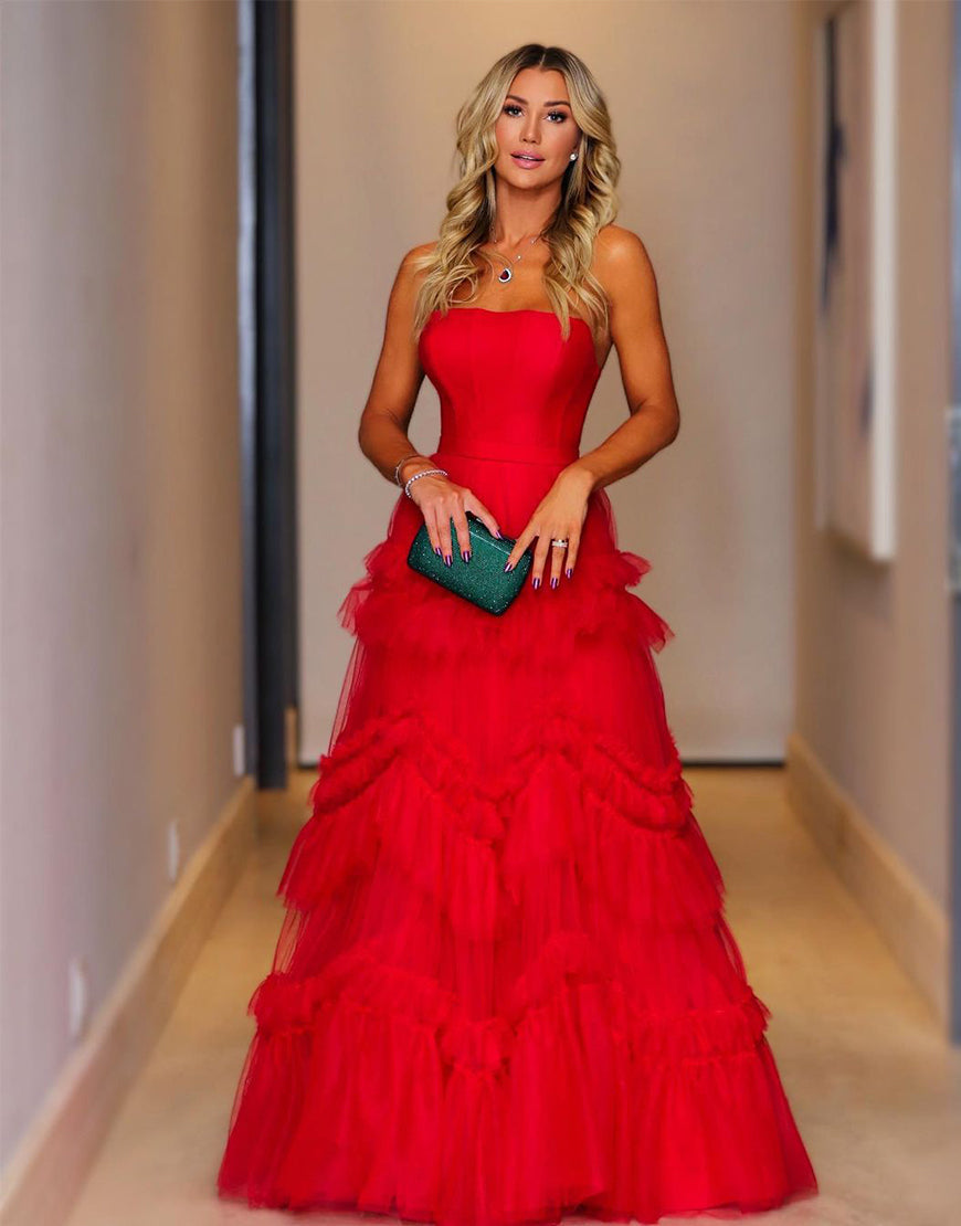 Matilda |Red A-Line Strapless Ruffled Tulle Evening Dress