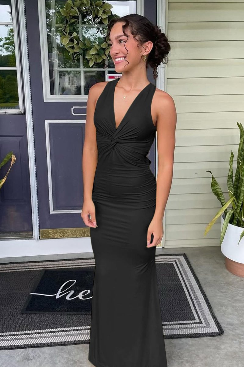 Reed | Pink - Halter Mermaid Pleated Open Back Long Prom Dresses - KissProm