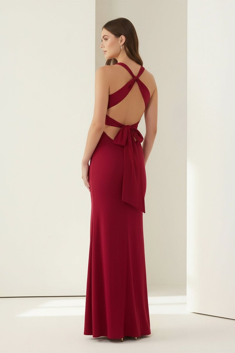 KissProm - Reed - Burgundy - Halter Mermaid Pleated Open Back Long Prom Dresses