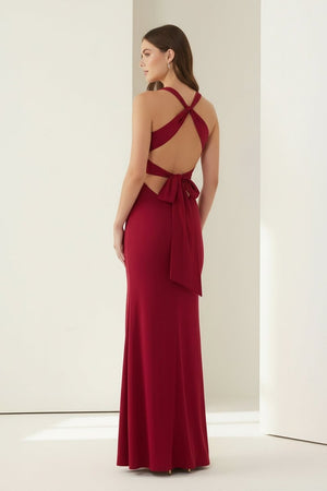 KissProm - Reed - Burgundy - Halter Mermaid Pleated Open Back Long Prom Dresses