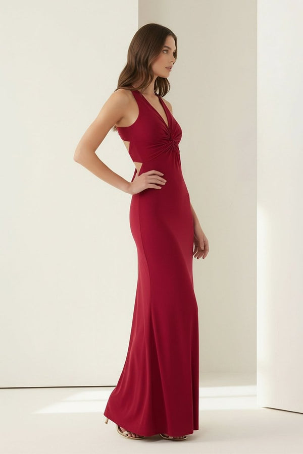 KissProm - Reed - Burgundy - Halter Mermaid Pleated Open Back Long Prom Dresses
