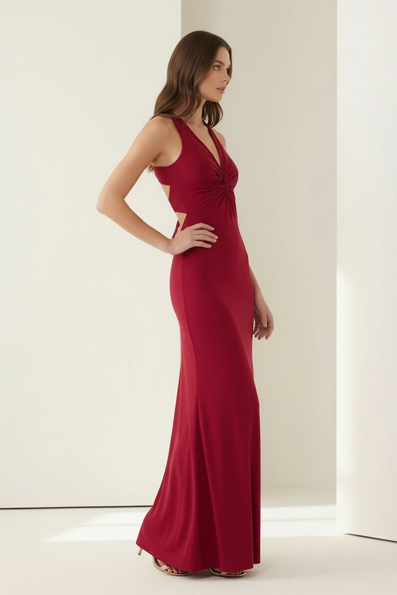 KissProm - Reed - Burgundy - Halter Mermaid Pleated Open Back Long Prom Dresses
