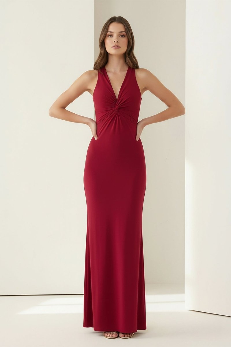 KissProm - Reed - Burgundy - Halter Mermaid Pleated Open Back Long Prom Dresses