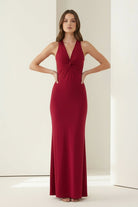 KissProm - Reed - Burgundy - Halter Mermaid Pleated Open Back Long Prom Dresses