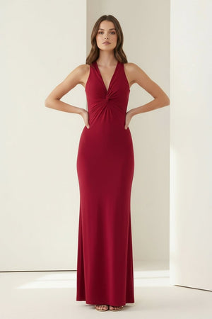 KissProm - Reed - Burgundy - Halter Mermaid Pleated Open Back Long Prom Dresses