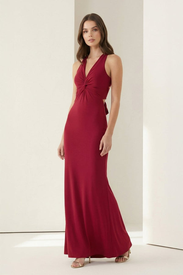 KissProm - Reed - Burgundy - Halter Mermaid Pleated Open Back Long Prom Dresses