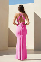 Reed | Pink - Halter Mermaid Pleated Open Back Long Prom Dresses - KissProm
