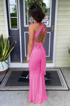 Reed | Pink - Halter Mermaid Pleated Open Back Long Prom Dresses - KissProm