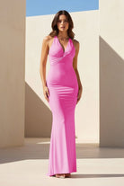 Reed | Pink - Halter Mermaid Pleated Open Back Long Prom Dresses - KissProm