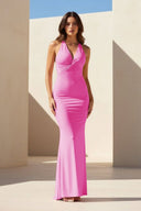 Reed | Pink - Halter Mermaid Pleated Open Back Long Prom Dresses - KissProm