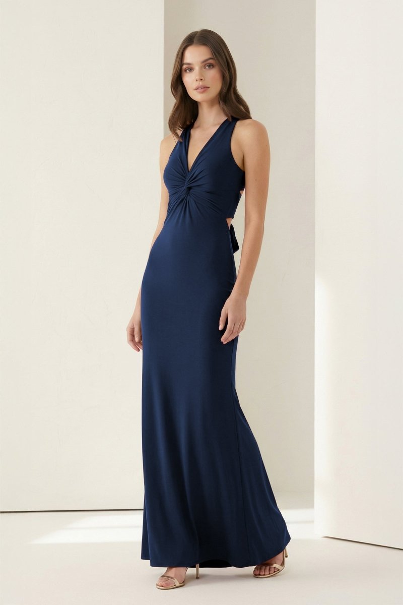 Reed | Navy Blue - Halter Mermaid Pleated Open Back Long Prom Dresses - KissProm