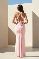 KissProm - Reed - Pink - Halter Mermaid Pleated Open Back Long Prom Dresses