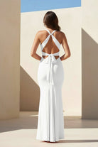 Reed | Pink - Halter Mermaid Pleated Open Back Long Prom Dresses - KissProm