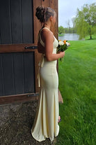 KissProm - Reed - Yellow - Halter Mermaid Pleated Open Back Long Prom Dresses