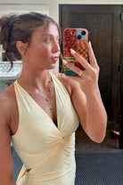 KissProm - Reed - Yellow - Halter Mermaid Pleated Open Back Long Prom Dresses