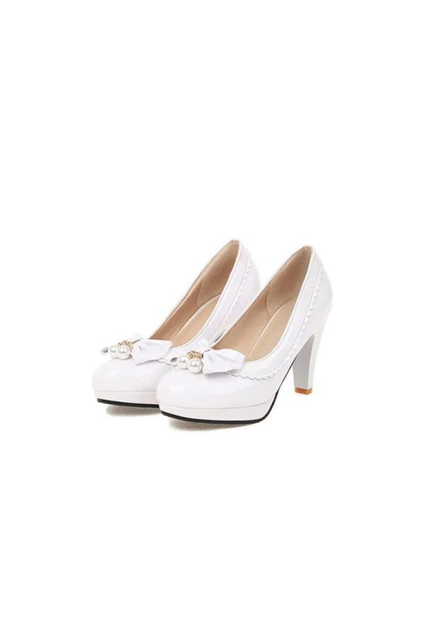 Retro Bow Pearl High Heels Shoes - KissProm